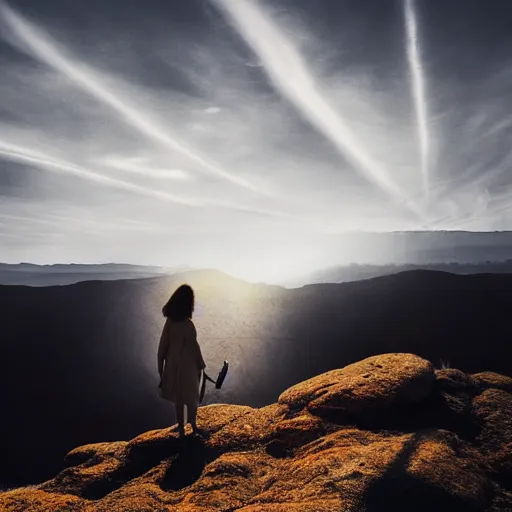 Image similar to an epic landscape, rock formation that looks like a woman, cinematic light, long shadows,