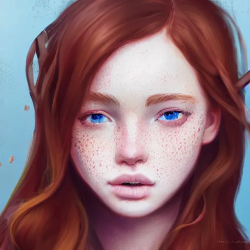 Image similar to portrait of a teen girl with freckles with long red hair and bright brown eyes, 8 k, highly detailed, digital painting, artstation, sharp focus, illustration