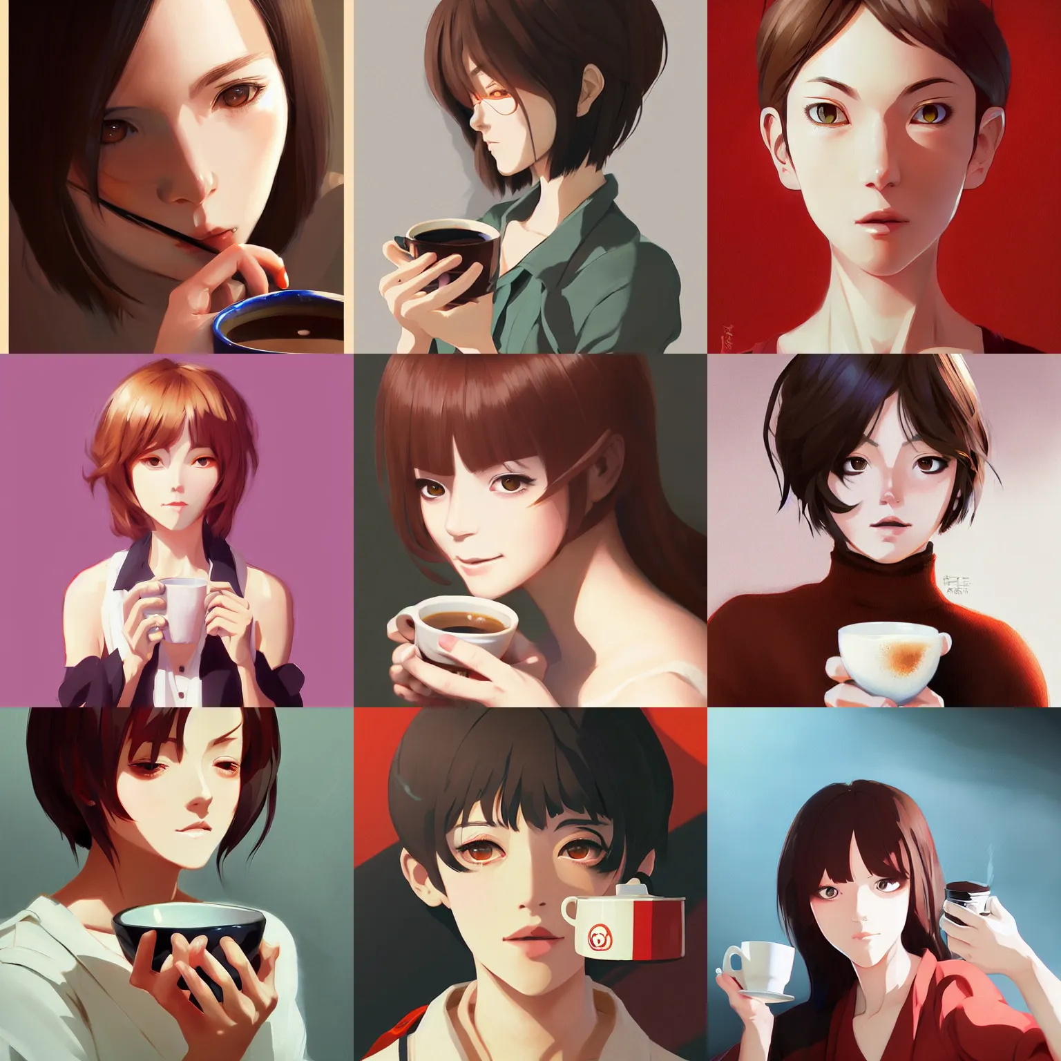 Prompt: woman drinking coffee, richly defined face, highly detailed, digital painting, studio ghibli key visual, in the style of ilya kuvshinov and krenz cushart