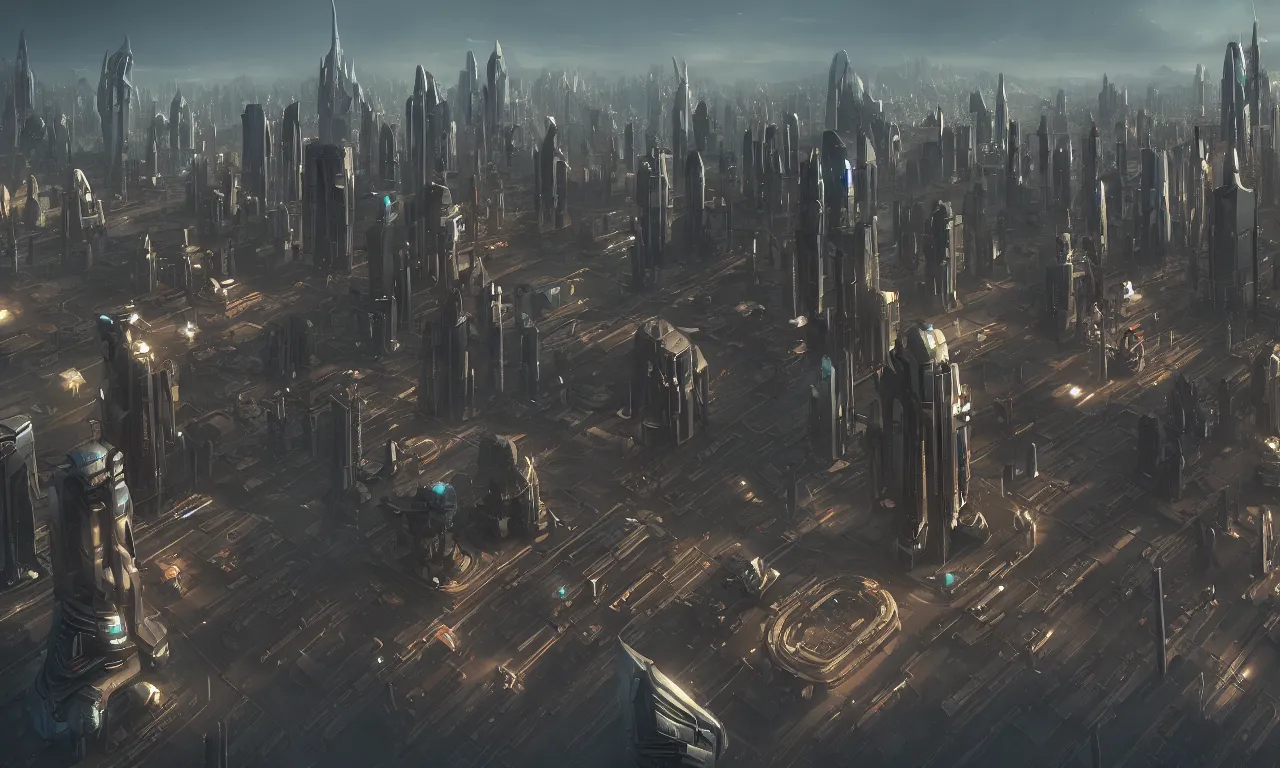 Prompt: alien city civilisation, front view by Martin Deschambault, trending on artstation, octane render, scifi