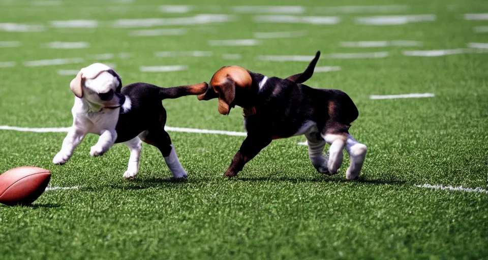 Prompt: kicking puppy across a football field