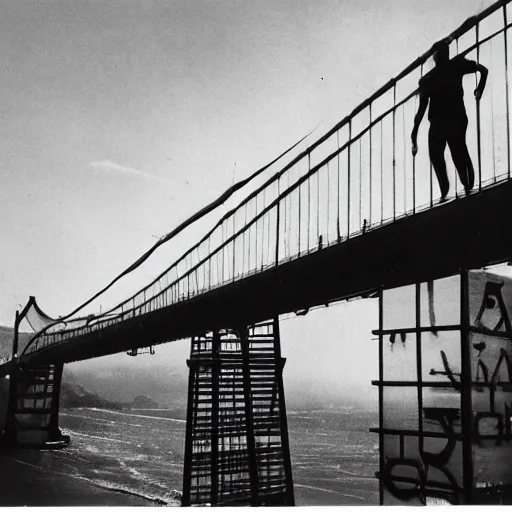 Prompt: photograph of giant young man sitting on the golden bridge. massive, colossal, humongous