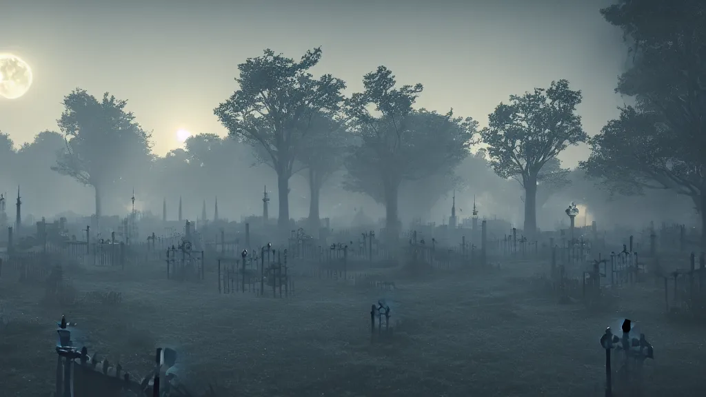 Prompt: misty graveyard at night with skeletons and candles, dramatic lighting, 8 k uhd, unreal engine, octane render, moon rays, award winning, visually stunning