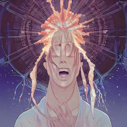 Image similar to god covered in bleach, with rhinestone eyes, covered in paralytic dreams, future pixels, illustration trending on artstation, anime. by hayao miyazaki and rossdraws and artgerm and greg rutkowski and alphonse mucha and studio ghibli and ilya kuvshinov. high quality, stunning, intricate detailed environment. 8 k