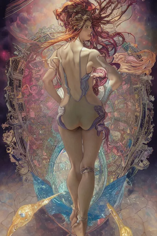 Image similar to swimming through time, by artgerm and yoshitaka amano and moebius and alphonse mucha, hyperdetailed, dc comics, ornate, nebula, explosions in the sky, trending on artstation