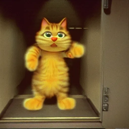 Image similar to garfield the cat in a found footage horror movie