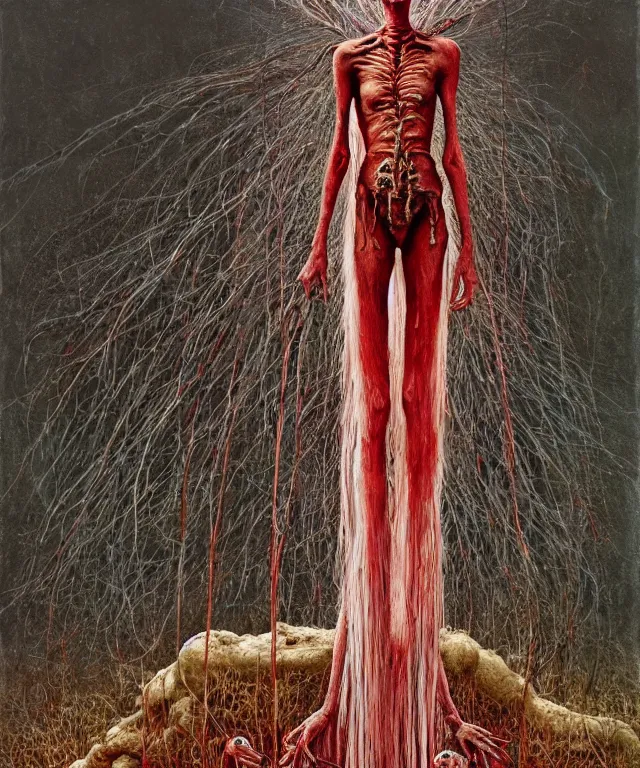 Image similar to a detailed mosquitowoman stands among the hills. wearing a ripped mantle, robe. perfect faces, gnats, extremely high details, realistic, fantasy art, solo, masterpiece, art by hermann nitsch, zdzislaw beksinski, dariusz zawadzki, giger, dragan bibin