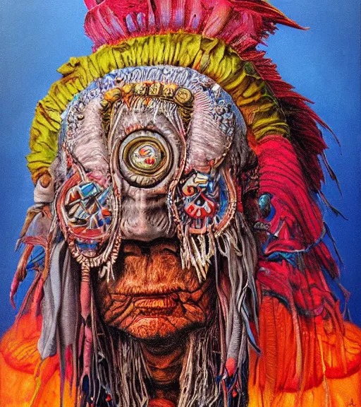 Image similar to Portrait painting in a style of Beksinski mixed with Alex Grey of an old shaman dressed in a colorful traditional clothes.