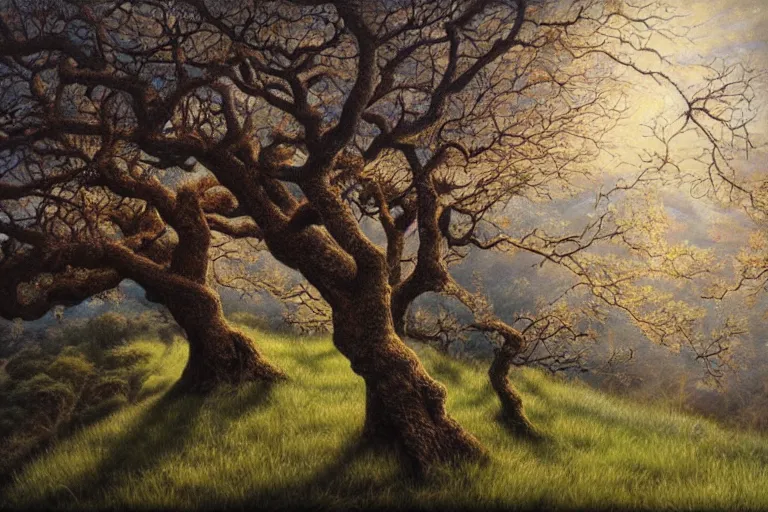Image similar to masterpiece painting of oak trees on a hillside overlooking a creek, dramatic lighting, by chie yoshii