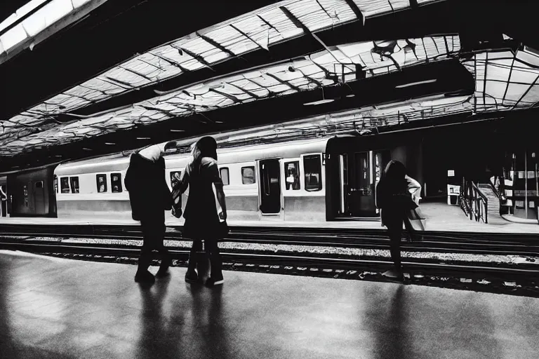 Prompt: vfx movie couple in a train station flat color profile low - key lighting award winning photography cinematography atmospheric cool color - grade