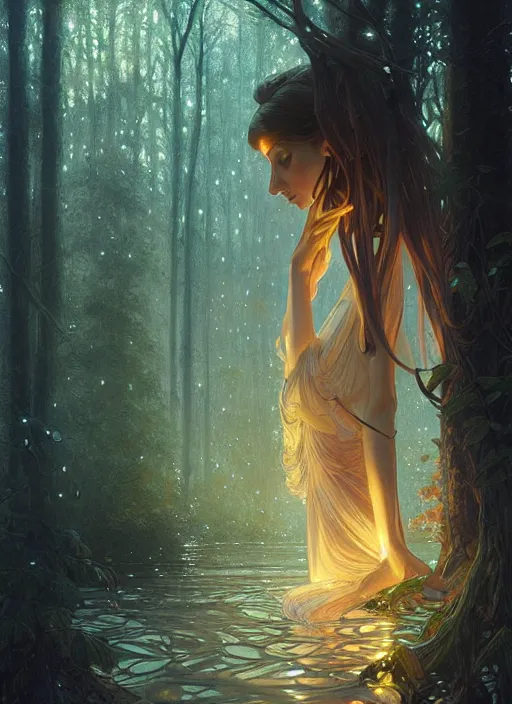 Image similar to water, air, forest, glowing lights!! intricate elegant, highly detailed, digital painting, artstation, concept art, smooth, sharp focus, illustration, art by ( ( ( artgerm ) ) ) and greg rutkowski! and ( ( ( alphonse mucha ) ) )