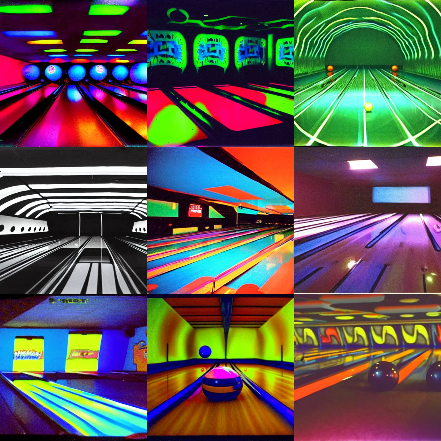 Prompt: a liminal space vibrant blacklight bowling alley, VHS footage, 1990s