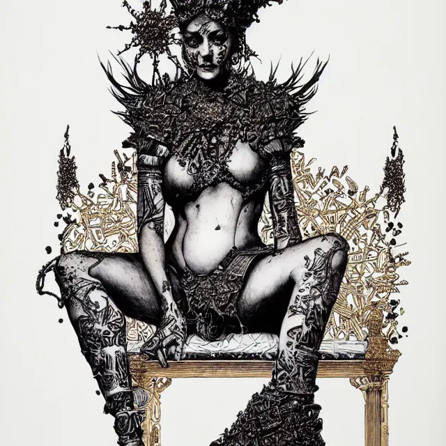 Prompt: salome full figure sitting on encrusted throne ink drawing by james jean very detailed high contrast xuan paper