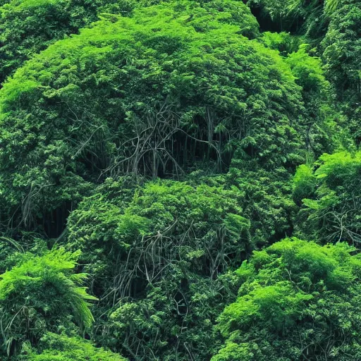 Image similar to ginormous single celled slime amoeba in a dense jungle made of giant trees and dense foliage