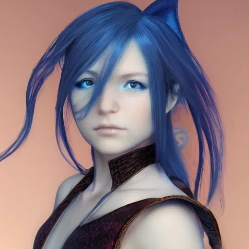 Prompt: portrait of young girl half dragon: 5 , dragon skin, dragon ears, blue hair, long hair, highly detailed 3D render, 8k, rpg concept art character, jrpg character, manga, anime, video game character, concept art, by Yoshitaka Amano