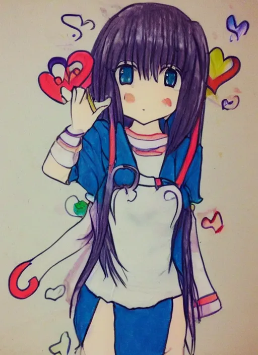 Prompt: poorly drawn anime girl, cute outfit, posing, crayon art, very silly looking, very anime