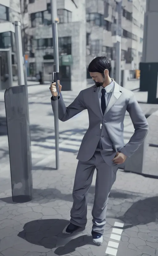 Image similar to A picture of Gundan in suit waiting for a bus , 3D render, ultra HD, Trending on artstation, ultrarealistic,