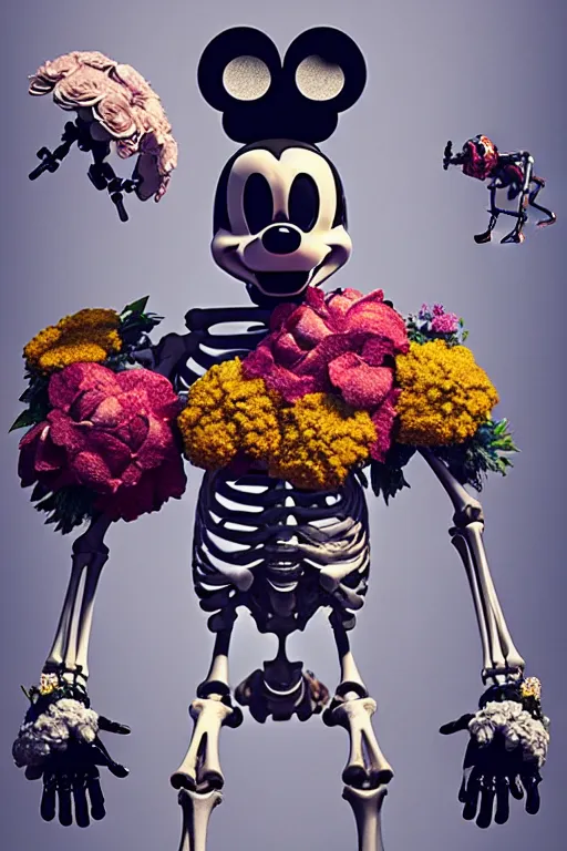 Image similar to a skeletal, mickey mouse made out of flowers and bones, taking a giant robot for a walk by beeple and arcimboldo, highly detailed, rendered in octane