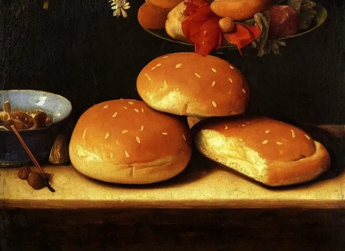 Image similar to a beautiful renaissance painting of a sweating young hamburger, sweet firm buns, in style of John Singer Sargant, still life, Velasquez, trending on artstation