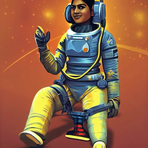 Image similar to a female space cadet from india, resting after a hard mission, happily tired, sci fi character portrait by Vincent deFate