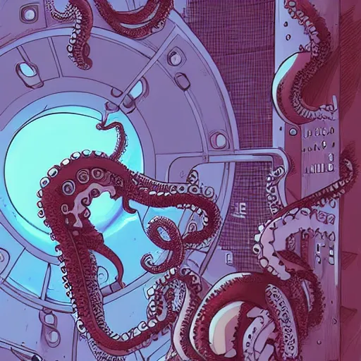 Image similar to robotic Octopus in an airlock, Industrial Scifi, detailed illustration, character portrait, by Martin Grip and Moebius