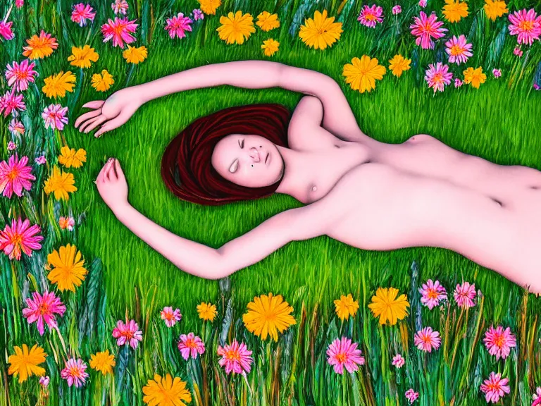 Prompt: abstract painting of drone view on a lawn full of flowers among forest with a detailed girl laying on the grass with hairs weaved into the grass and grass forms a circled braid around her body. her soul is seemed in air connected to the soul of nature around her. in caravaggio style