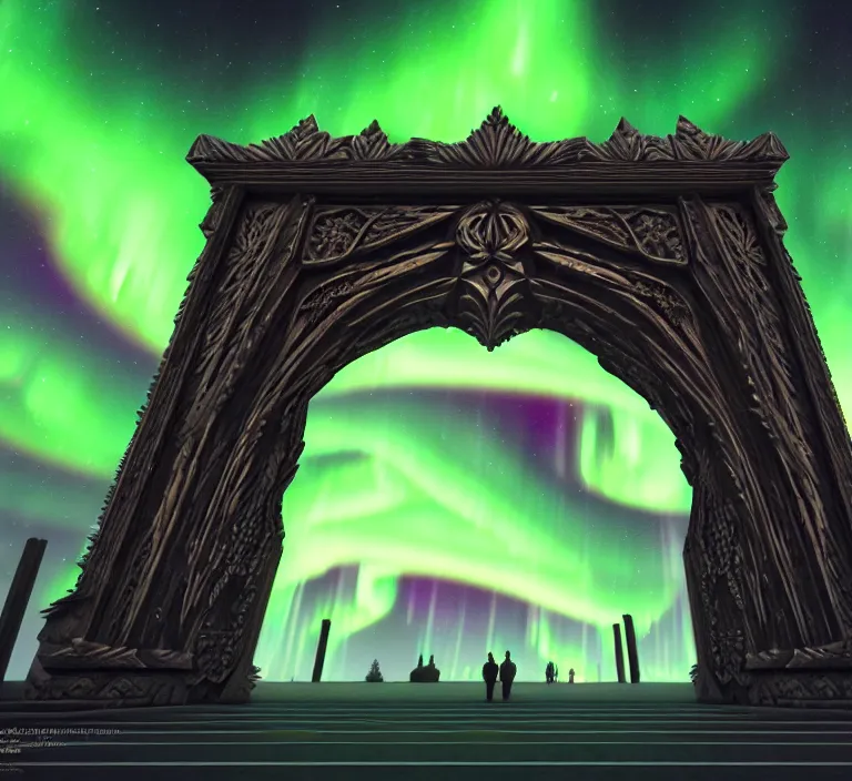 Image similar to a very detailed concept art of intricate and epic gates to aurora borealis, trending on artstation, symmetry, digital art, 4 k, hyper realistic, octane render, sharp focus