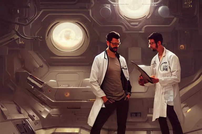 Image similar to Sensual good looking pale young Indian doctors wearing Deus Ex clothing in a space station above Earth, portrait, elegant, intricate, digital painting, artstation, concept art, smooth, sharp focus, illustration, art by artgerm and greg rutkowski and alphonse mucha