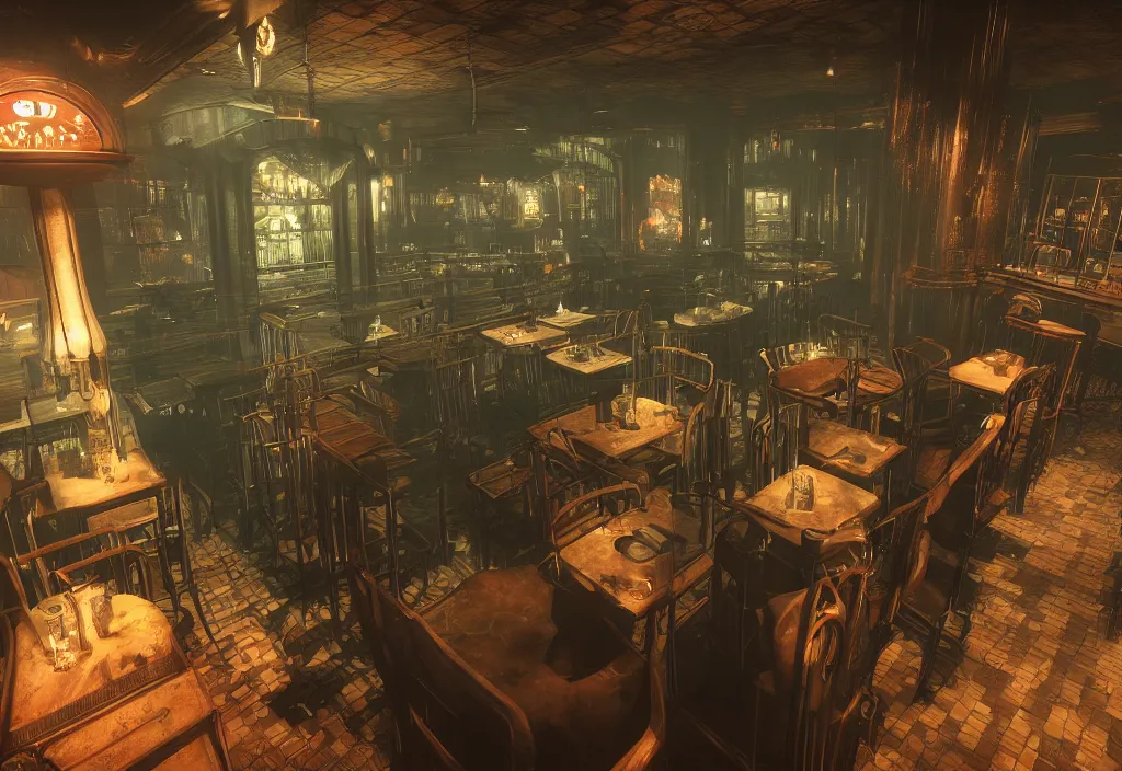 Image similar to In the world of rapture from the world of bioshock you are in a bar, there is a window that lets you see the whole city underwater and you are drinking a rum and coke, there are masks on the tables