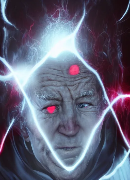 Image similar to hyper realistic ultra realistic blind seer photo furious red glowing eyes biden, high quality photo, detailed , 8k