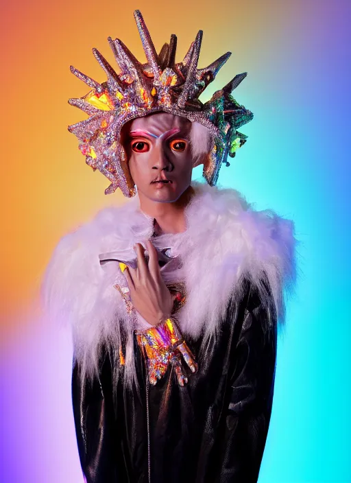 Image similar to photo of baroque and bladerunner delicate neon diamond sculpture of seductive ceramic albino prince reece king dotado creamy orange iridescent humanoid deity wearing white fluffy hoody holding diamond skull in a black metallic dungeon, reclining, glowing rainbow face, crown of white diamonds, cinematic lighting, photorealistic, octane render 8 k depth of field 3 d