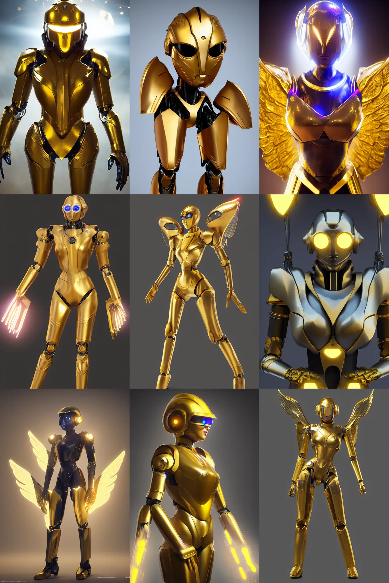 Image similar to maria of metropolis, humanoid robot, golden full body armor, deployed wings, beautiful helmet in the shape of a face, glowing yellow eyes, scifi, futuristic, raytracing, glowwave, sharp focus, cinematic lighting, artstation, divine, unreal engine 5 rendered, by fritz lang, art style by pixar warner bros dreamworks disney riot games and overwatch