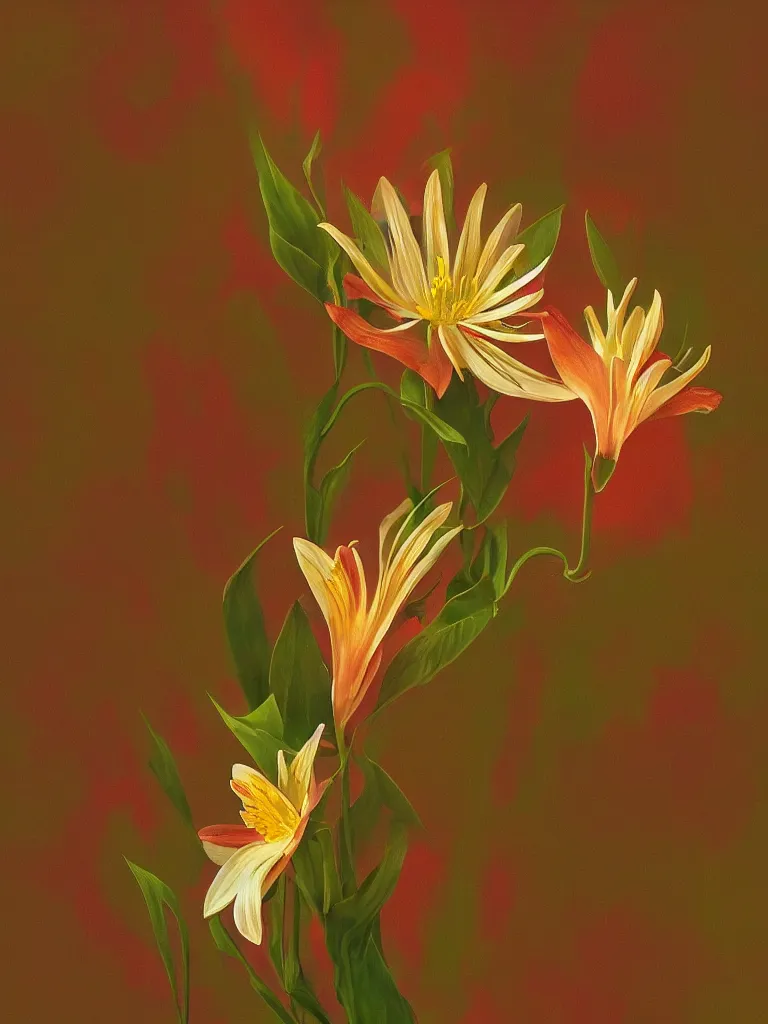 Prompt: single flower, st joseph lily, warm colors, intricate detail, painted look, golden ratio, ethereal, infini - d - render,