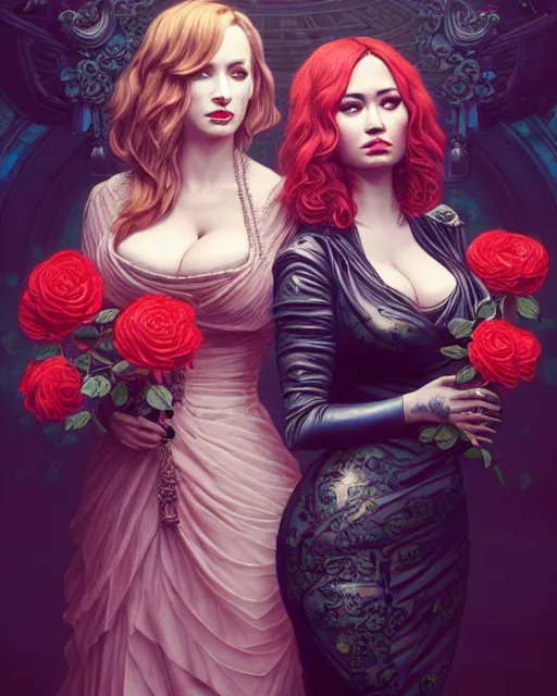 Prompt: perfectly - centered!! looking at the camera!!! full body portrait of christina hendricks and demi lovato with roses, baroque style, roses, intricate abstract upper body intricate artwork, by tooth wu, wlop, beeple, dan mumford. concept art, octane render, deviantart, greg rutkowski, cinematic arthouse, key art, hyper realism, iridescent accents