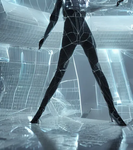 Prompt: geometrieva in a futuristic cyber clothing, transparent puffer jacket, tarkovsky greatest scene, aura of the ancient destroyed majestic tower of babylon, hyperealistic, blockchain, cyber world, ambient lighting, concept art, intricate, hyper detailed, smooth, dynamic volumetric lighting, ocatane, ray trace, cinematic, high quality, cgsociety