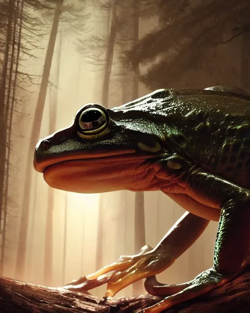 Prompt: giant frog in the woods, light dust, magnificent, close up, details, sharp focus, elegant, highly detailed, illustration, by Jordan Grimmer and greg rutkowski and PiNe(パイネ) and 薯子Imoko and 香川悠作 and wlop and maya takamura, intricate, beautiful, Trending artstation, pixiv, digital Art