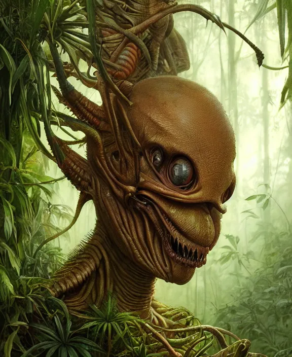 Image similar to intricate earth - toned portrait of a disturbing terrifying alien insect creature, mottling coloring, adorable, childlike, overgrown jungle environment, ultra realistic, concept art, maximalist, photorealistic, octane render, 8 k, unreal engine. art by christopher marley and artgerm and greg rutkowski and alphonse mucha