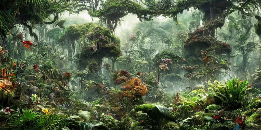 Image similar to extra wide view. a marvelous magic forest jungle inhabited with fantastic creatures. iridescent. annihilation. hyper - detailed. hyperreal. unreal render.