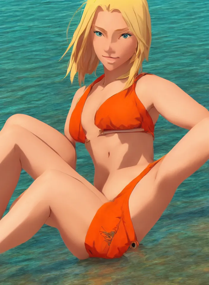 Image similar to beautiful blond woman in orange tribal bikini, blond hair pulled back off the face, green eyes, by makoto shinkai, 8 k, high resolution render, cinematic, unreal engine, clean lineart and flat color,