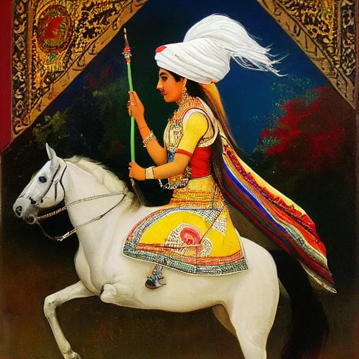 Image similar to a painting of a!! kurdish!! woman riding a beautiful white horse, an oil on canvas painting by raja ravi varma, award winning art, featured on deviantart, qajar art, detailed painting, oil on canvas, acrylic art, extremely detailed, incredibly intricate, elegant