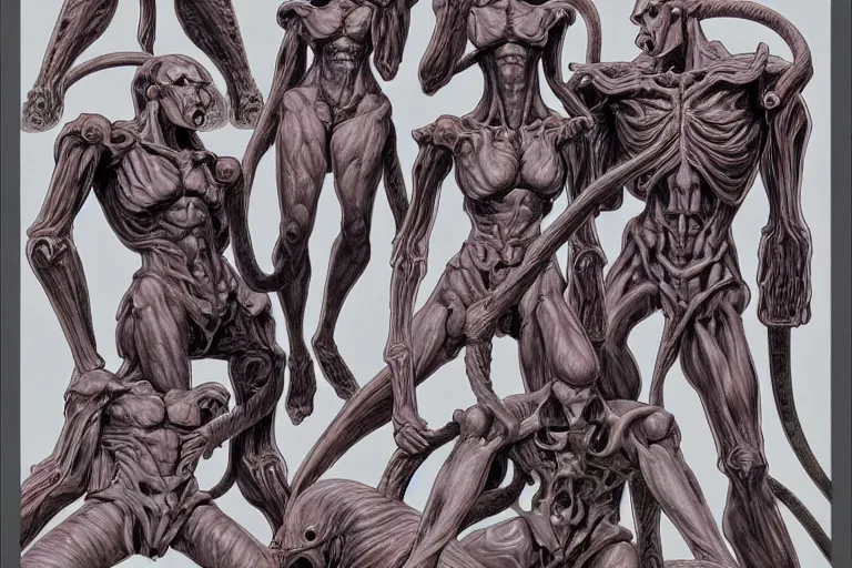 Prompt: cel shaded study of a group of flesh golems, key visual with intricate linework, in the stlye of moebius, ayami kojima, 90's anime, retro fantasy