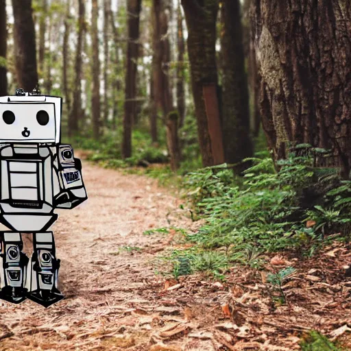 Prompt: robot made of a cardboard box, walking through the forest