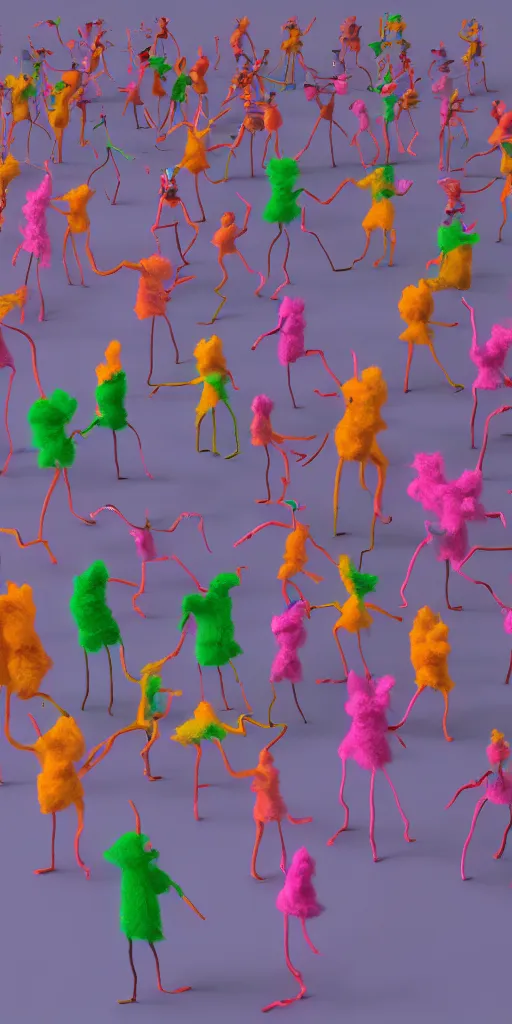 Image similar to group of giant sakura-colored people dancing made out of fluffy pipecleaners in the style of Jean-Michel Basquiat, 3D cinematic lighting, spotlight at a 90 DEGREE ANGLE, photorealism, octane render, depth of field, 8k, 35mm, artgem, Trending on artstation