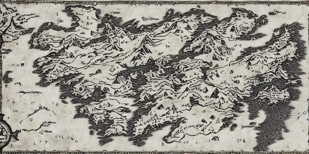 Image similar to wolf's face.medieval fantasy map, mountains, islands, forests. Map-style Skyrim, Lord of the rings map, zelda breath of the wild map, video game style, drawing on a parchment