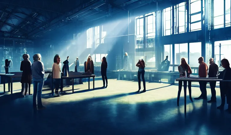 Prompt: group of people in simple warehouse, around a hologram of futuristic city on a table, cinematic concept art, godrays, golden hour, natural sunlight, 4 k, clear details, tabletop model buildings, center model buildings, hologram center, crane shot, crane shot, crane shot