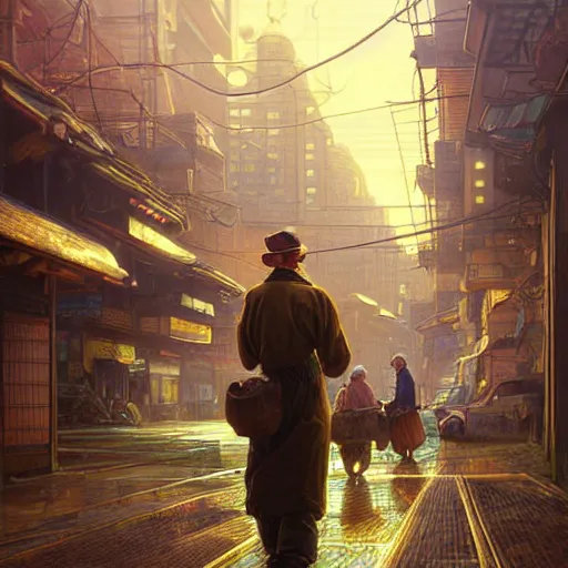 Image similar to A solarpunk very detailed farmer on the street of a very detailed solarpunk city art by Taras Shevchenko, neofuturistic highly detailed, digital art, smooth cyan gold light, sharp focus, Golden Ratio illustration, realistic concept art by Stephen Hickman and James Gurney and Hiromasa Ogura Ghost in the Shell