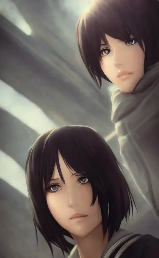 Image similar to mikasa ackerman, hero pose, medium shot, bokeh, beautiful face!!!!, 2 7 years old, cg animation, lifelike, animated, realistic, character select portrait, by artgerm, greg rutkowski, alphonse mucha, 3 d