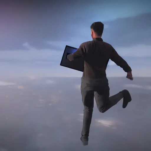 Image similar to developer hero with laptop flying to save the world, photorealistic, dramatic cinematic