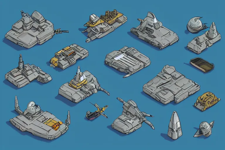 Prompt: isometric assets for a sci - fi game where you explore the galaxy in a junker frigate, it is very nasapunk in style - 4