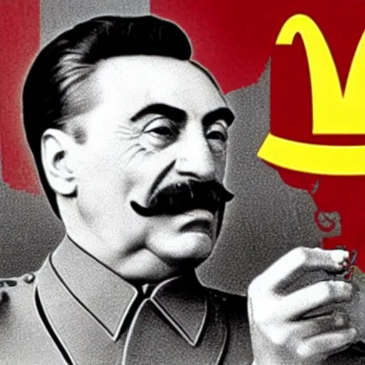 Image similar to joseph stalin enjoying a happy meal at mcdonald's